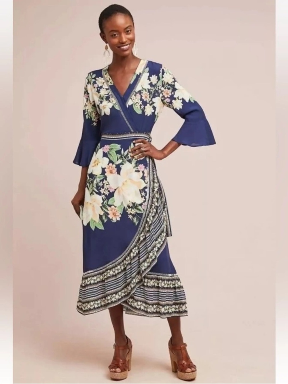 Anthropologie Midnight Blue Floral Wrap Dress
